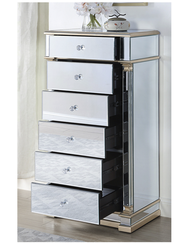 Athena Mirrored Narrow Chest 5 Drawers Antique Brushed Silver Wood Frame