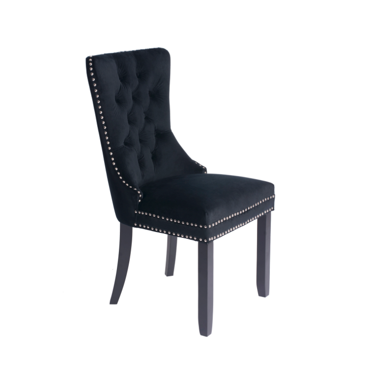 Antoinette Plush Dining Chair Black Velvet With Chrome Details & Chrome Rear Handle