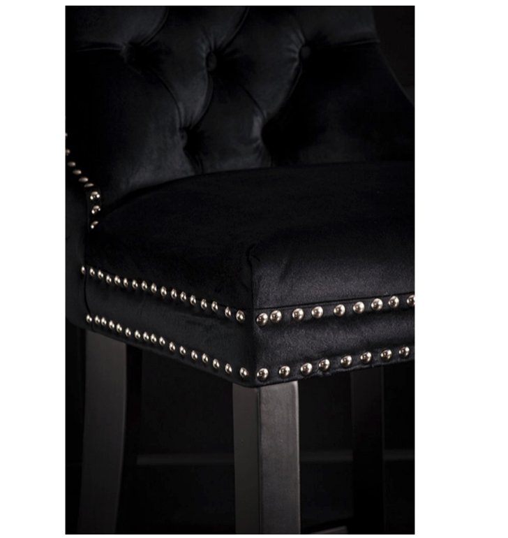 Antoinette Bar Stool Black Velvet Chrome Details & Rear Handle Tufted Seat-rest