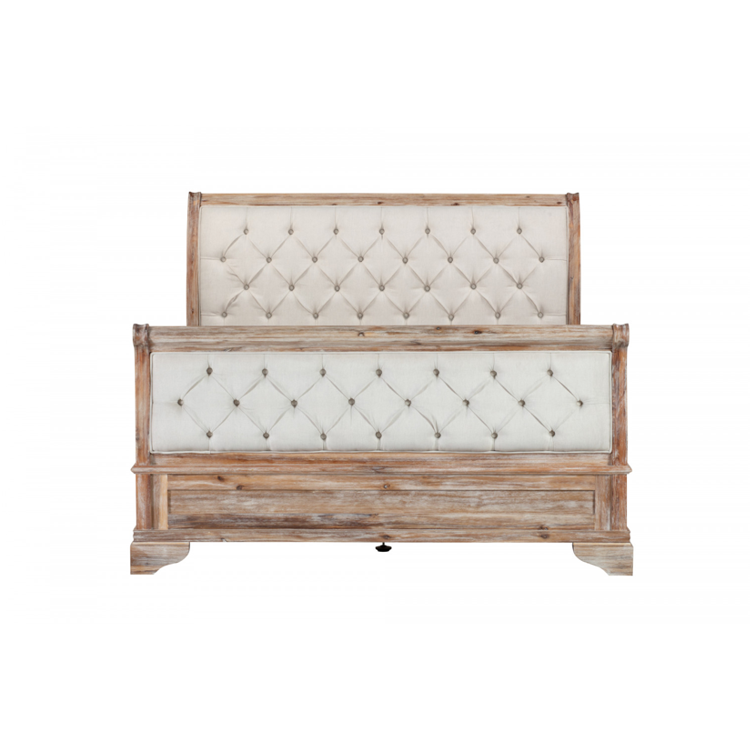 IBIZA Sleigh Bed Tufted Upholstered Headboard Footboard Acacia Wood - A