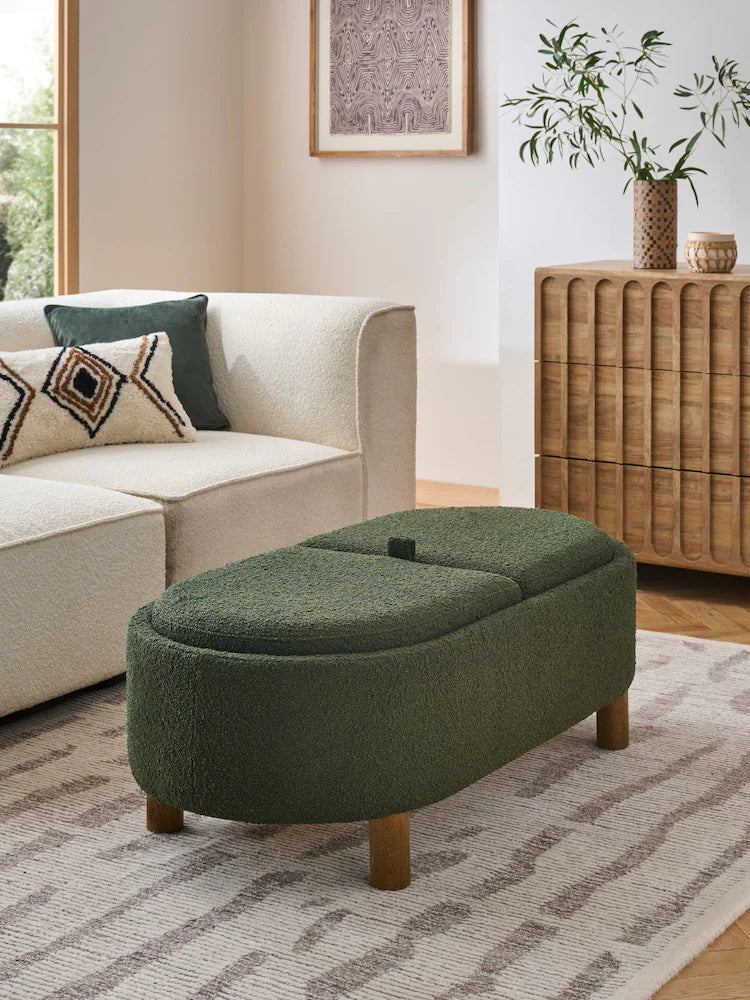 Casual Boucle Olive Green Ashton Upholstered Large Storage Stool