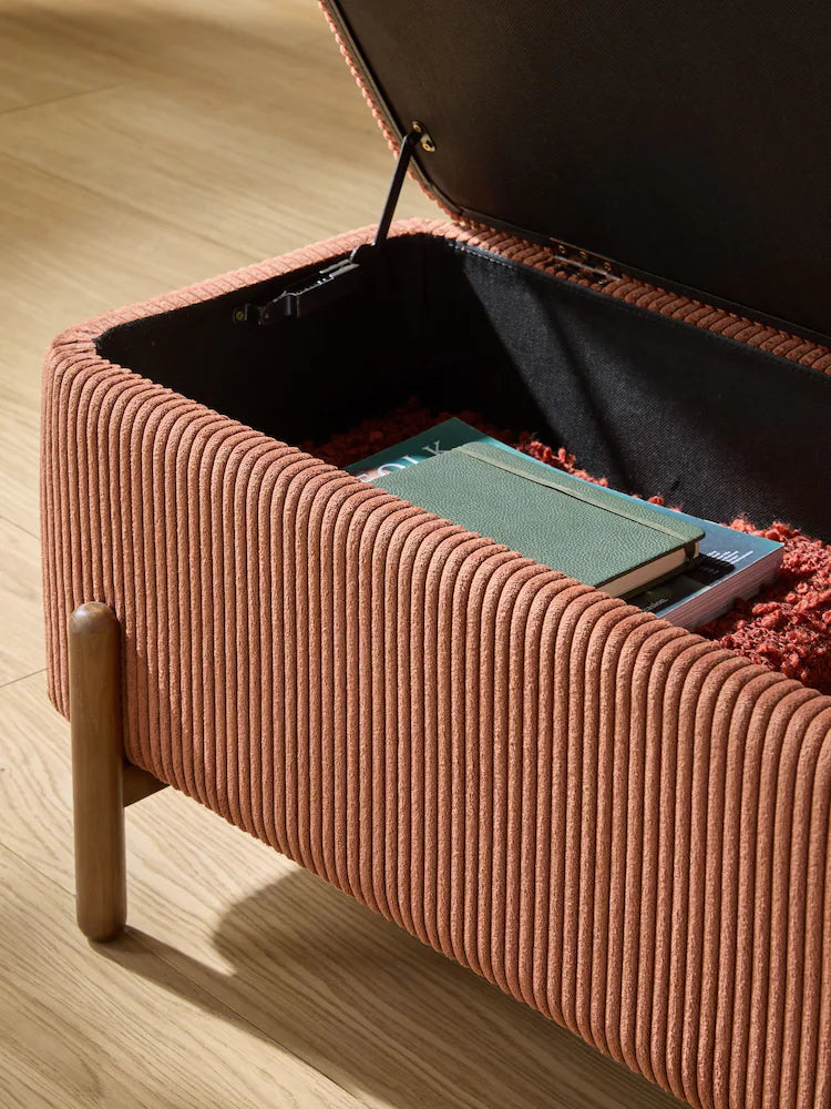 Nutmeg Orange Corduroy Asare Storage Ottoman Bench