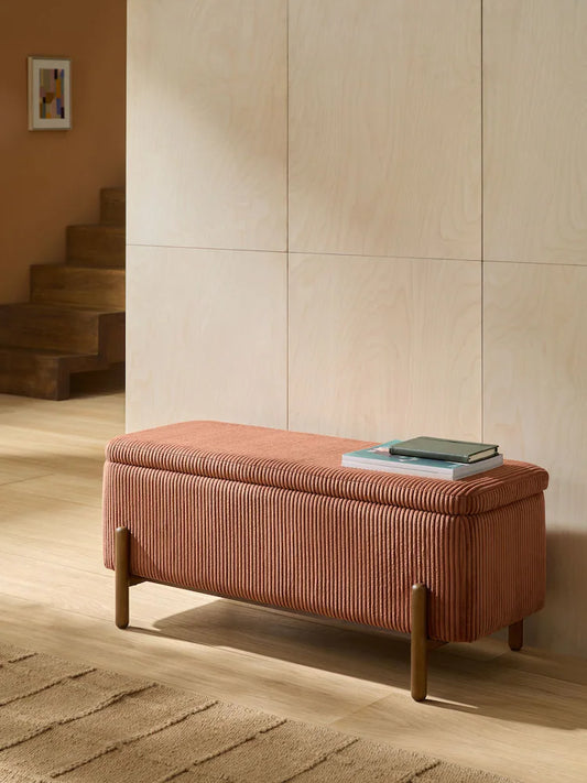 Nutmeg Orange Corduroy Asare Storage Ottoman Bench