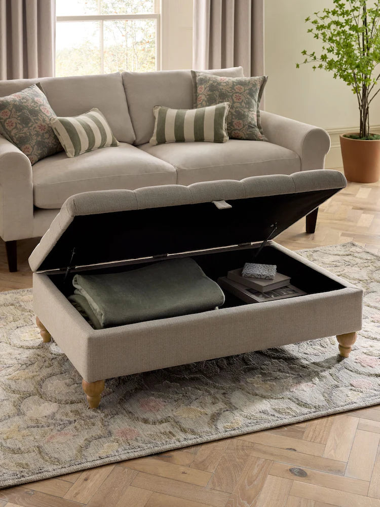 Buttoned Tweedy Plain Light Natural Buttoned Albury Large Storage Footstool