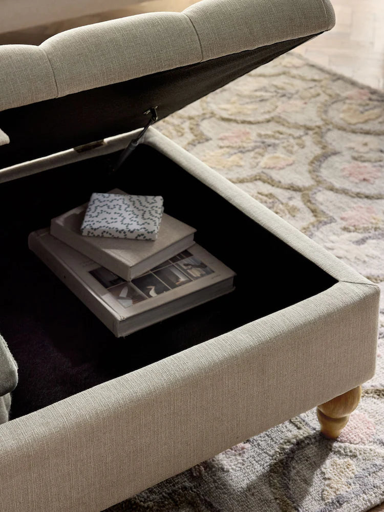 Buttoned Tweedy Plain Light Natural Buttoned Albury Large Storage Footstool