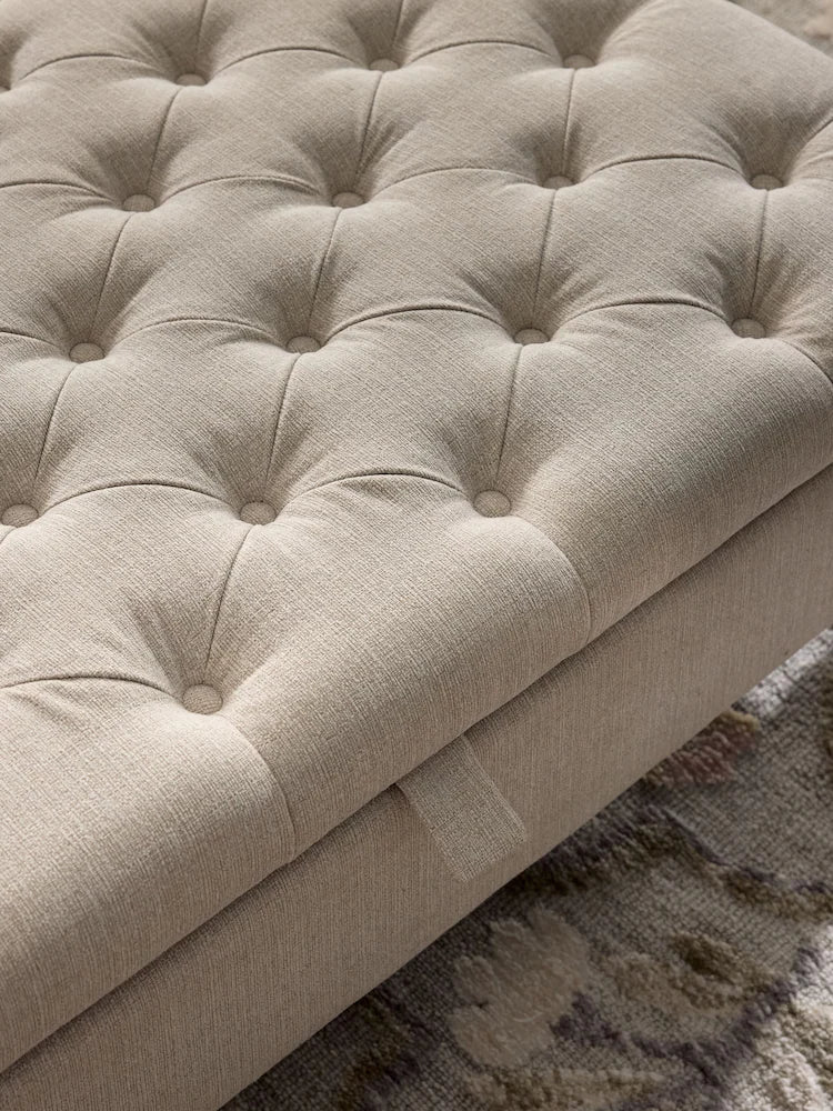Buttoned Tweedy Plain Light Natural Buttoned Albury Large Storage Footstool
