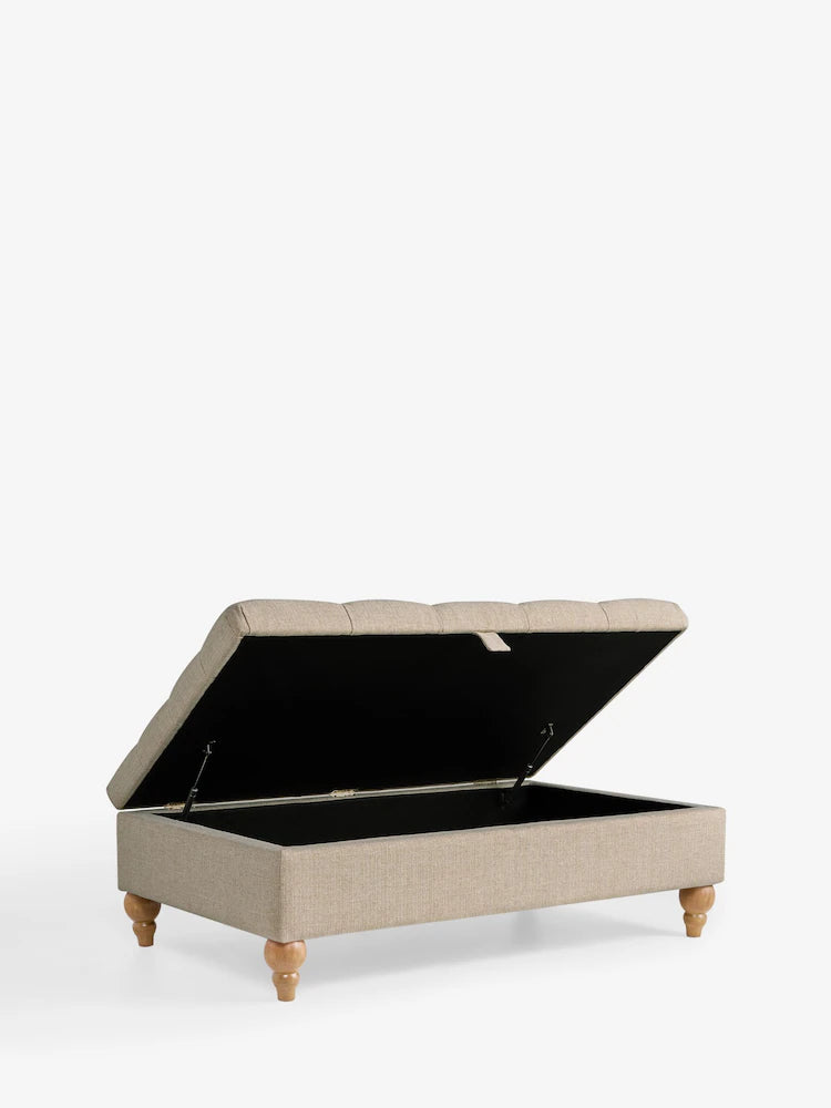 Buttoned Tweedy Plain Light Natural Buttoned Albury Large Storage Footstool