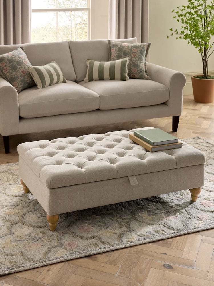 Buttoned Tweedy Plain Light Natural Buttoned Albury Large Storage Footstool