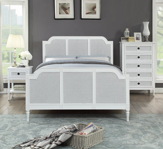 PALOMA Bed French Style White "Distressed" Finish with Rattan