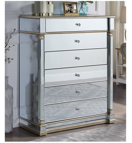 Athena Mirrored Tallboy 5 Drawers Antique Brushed Silver Wood Frame Crystal Handle