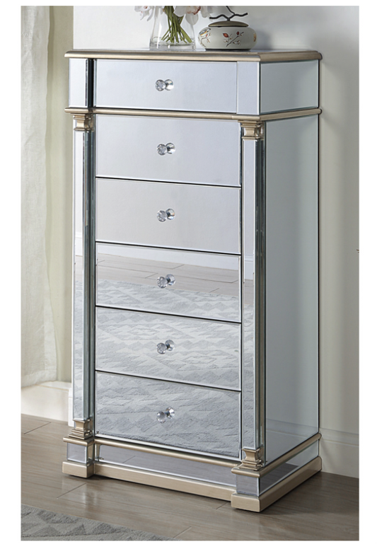 Athena Mirrored Narrow Chest 5 Drawers Antique Brushed Silver Wood Frame