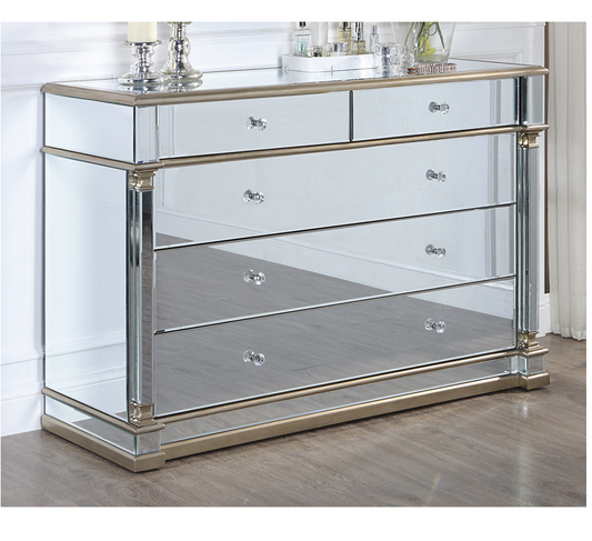 Athena Mirrored Dressing Table 5 Drawers Antique Brushed Silver Wood Frame