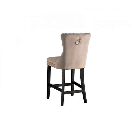 Antoinette Bar Stool Taupe Velvet Chrome Details & Rear Handle Tufted Seat-rest