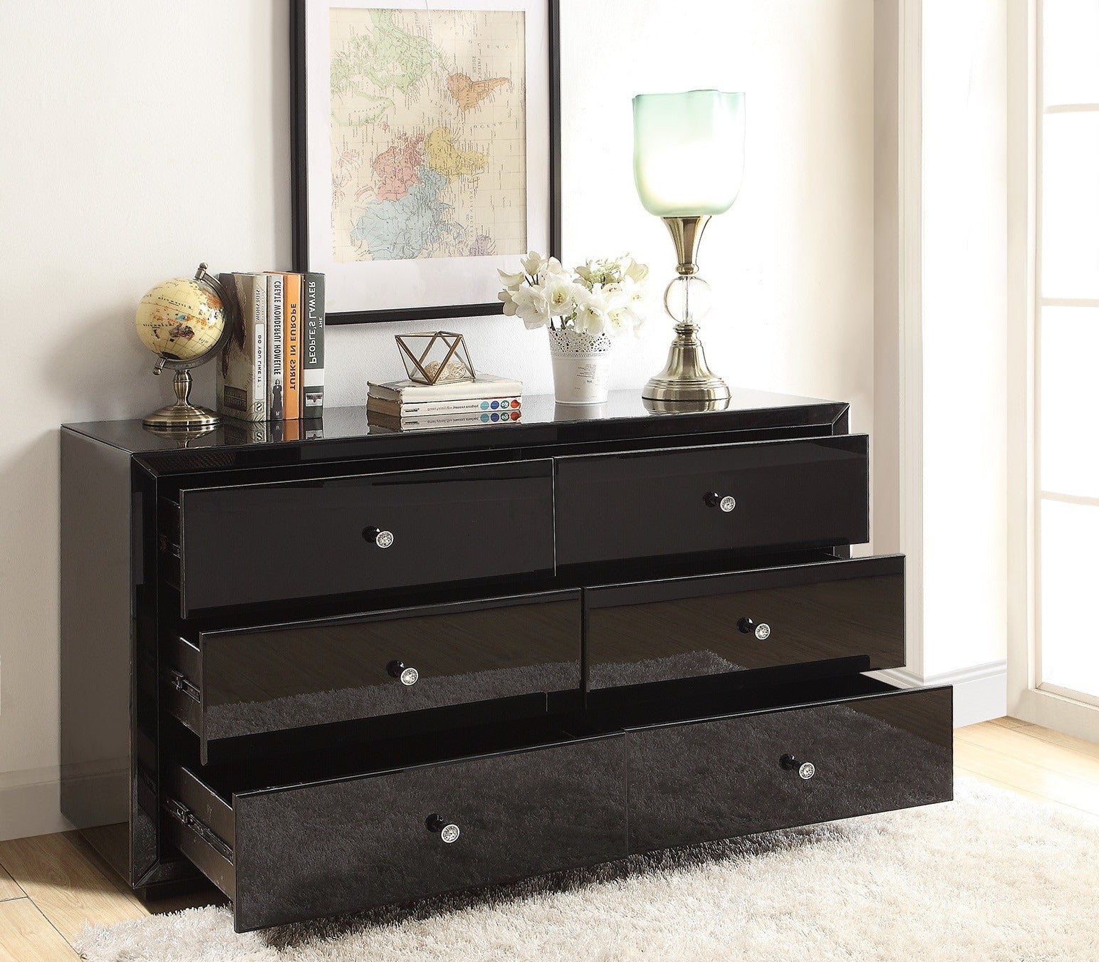 black glass dresser Large Arctic Noir Black Smoked Glass Mirrored 4 Drawer Chest of Drawer